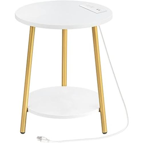 HOOBRO Round End Table with Charging Station, 2-Tier Small Circle Side Table, Round Accent Table for Living Room, Bedroom, White and Gold DW671BZ01