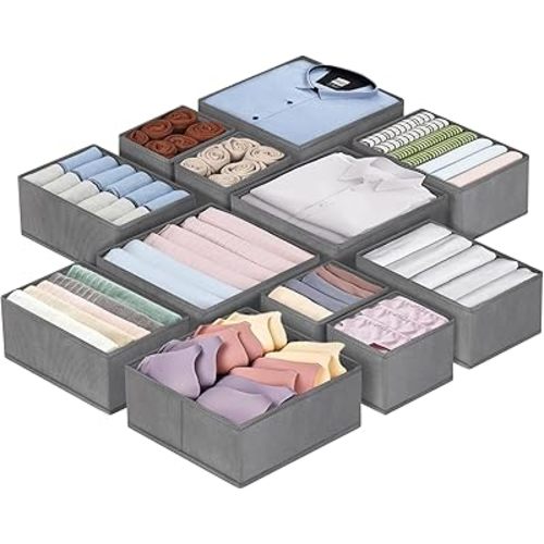 12 Pack Dresser Drawer Organizers and Storage Bins for Clothing, Baby Clothes, Bra, Underwear, Socks (Grey)
