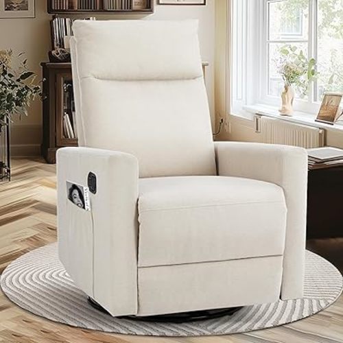 Swivel Rocking Chair, 360° Swivel Recliner Chairs for Bedroom, Office, Glider Nursery Chair for Bedroom Room, Faux Leather Reclining Sofa with Large Footrest, Beige