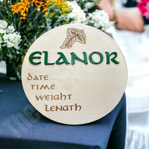 Middle Earth Birth Announcement Sign - Elvish Baby Wooden Newborn Photo Prop - Lorien Leaf Baby Name Sign - Elf Baby Name Reveal Sign
