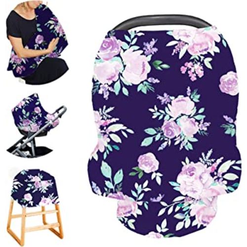 Carseat Cover Girls, Multiuse - Nursing Breastfeeding Covers, Purple Flower Theme, Car seat Canopy, Stretchy Soft Breathable
