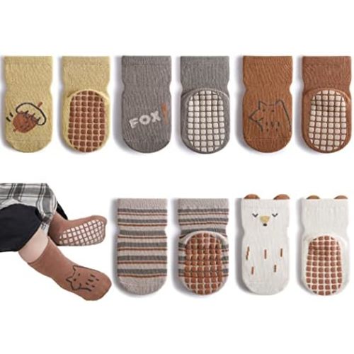 Exegawe Toddler Non Slip Socks, Cute Baby Socks with Grips Crew Socks 5 Pairs