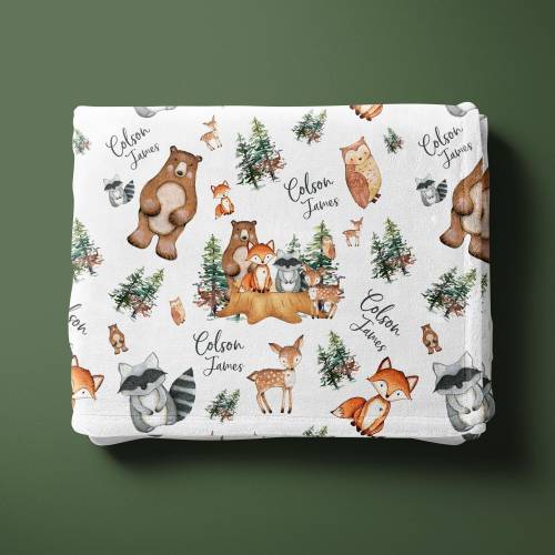 Woodland Blanket, Woodland Animal Baby Blanket, Woodland Swaddle, Woodland Nursery, Woodland Toddler Blanket, Bear Fox Raccoon Blanket W1