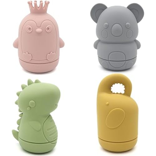 Ginbear Silicone Baby Bath Toys, Non-Toxic Mold Free Infant Squirty Bathtub Toys for Toddlers 6 Months+, Pack of 4 (Terricolous)
