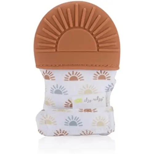 Itzy Ritzy Silicone Teething Mitt – Soothing Infant Teething Mitten with Adjustable Strap, Crinkle Sound and Textured Silicone to Soothe Sore and Swollen Gums, Terracotta Sun (MITT8491)