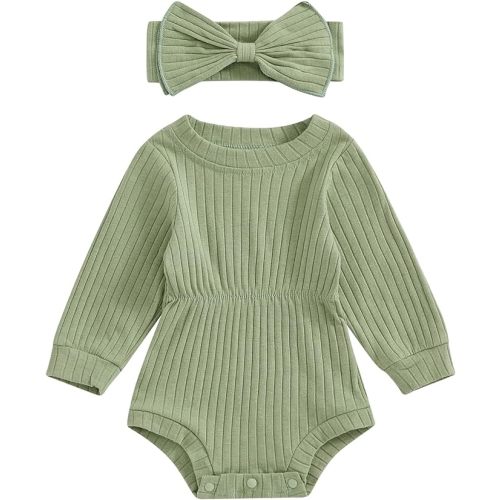 Karwuiio Newborn Baby Girl Fall Outfits Long Sleeve Ribbed Knit Jumpsuit Romper with Headband Infant Clothes Sets - Green