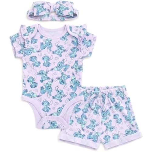Disney Baby Girls Ribbed Bodysuit, Shorts and Headband 3 Piece Outfit Set Newborn to Infant Sizes (Newborn - 24 Months)