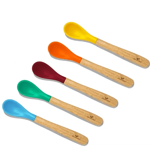 Avanchy Infant Baby Spoons Bamboo and Silicone Set, Self Feeding Food Utensils, 4 Months Baby Led Weaning, 5 Pack, with Blue Spoon