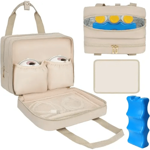 Breastmilk Cooler Travel Bag, Wearable Breast Pump Storage Bag Compatible with Momcozy/Medela/Elvie/Willow Breast Pump with Ice Pack and Waterproof Mat,Khaki