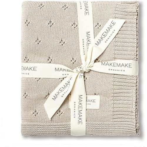 MakeMake Organics Organic Baby Blanket GOTS Certified Organic Cotton Baby Blanket Newborn Pointelle Knit Blanket Breathable Unisex Boy Girl Stroller Blanket (30x40, Beige)