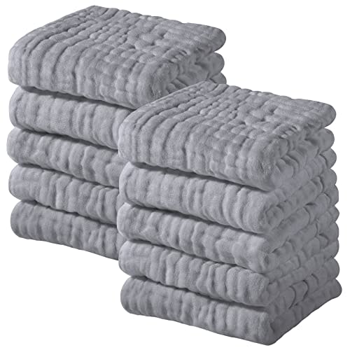 Muslin Baby Washcloths 100% Cotton Face Towels 10 Pack Wash Cloths for Baby 12x12in Soft and Absorbent Baby Wipes by Yoofoss (Grey)