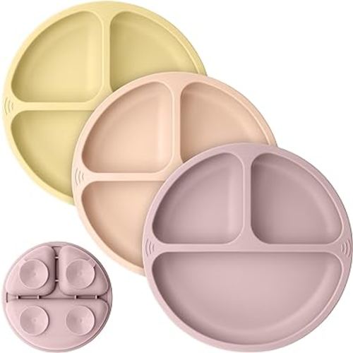 KeaBabies Suction Plates for Baby, Toddler - 3-Pack 100% Silicone Toddler Plates, Divided Baby Plates with Suction, Silicone Plates for Baby, Kids, BPA-Free, Microwave, Dishwasher Safe (Dusk)