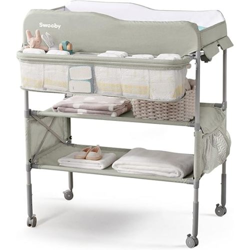 Sweeby Portable Baby Changing Table, Foldable Changing Table Dresser Changing Station for Infant, Waterproof Diaper Changing Table Pad Topper, Mobile Nursery Organizer for Newborn Essentials,Green