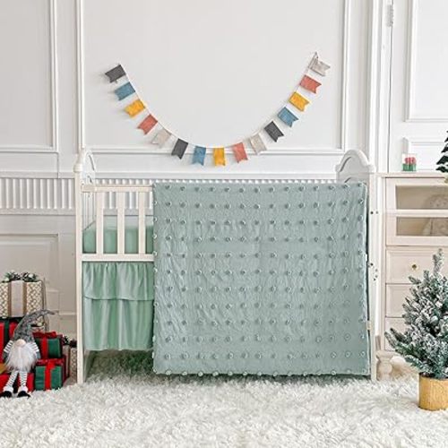 Green Crib Bedding Set Tufted Dots Jacquard Baby Comforter with Fitted Sheet and Bed Skirt - Cute Embroidery Boho Shabby Chic Soft Blanket Pom Pom Tufts 3pc Crib Bed Set