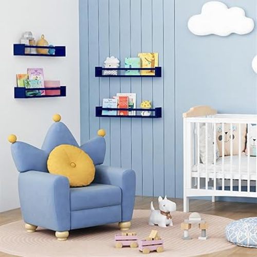 Forbena Navy Blue Floating Book Shelves for Nursery Boy, Decorative Wall Bookshelf for Kids Room, Small Wood Floating Shelves Wall Mounted for Boys Bedroom Bathroom (Set of 4, Blue)