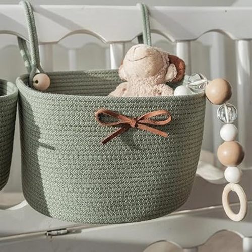 Crib Hanging Storage Organizer, Nursery Decor Storage Organizer,Bedside Cotton Basket for Diapers and Items, Crib hanging basket, Newborn organizer, Knitted Bow Basket. (Sage Green, M)