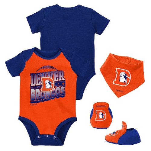 Newborn & Infant Mitchell & Ness Orange/Royal Denver Broncos Throwback Big Score Bodysuit, Bib & Bootie Set
