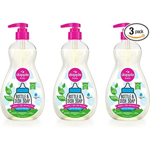 Dapple Baby, Bottle and Dish Soap Dish Liquid Plant Based Hypoallergenic 1 Pump Included, Packaging May Vary, Fragrance Free, 16.9 Fl Oz (Pack of 3)