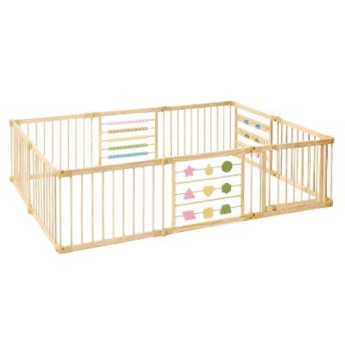ZETY Wooden Baby Playpen 95"x63" 10 Panel, Geometry Activity Play Yard, Natural Pine