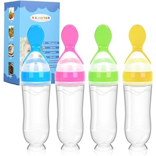 Baby Food Feeder 4 Pack Silicone Baby Food Dispensing Spoon-WAJIAYON, 3 oz Squeeze Feeding Spoons with Suction Cup for Boys Girl Kids Toddlers - Self Feeding Bottle Spoon