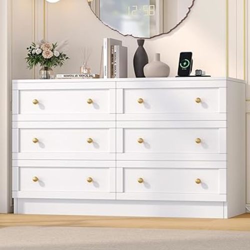 Irontar Dresser for Bedroom with 6 Drawers, Wide Chest of Drawers with Charging Station & Metal Handles, Wooden Double Dresser, Modern Drawer Organizer for Hallway, Closet, Living Room, White WCD002WE