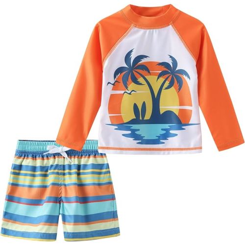 Toddler Baby Boys Rash Guard Set for Kids Boys Swim Set with Swim Trunks Long Sleeve Bathing Suits - 6-12 Months - Beach Sunset