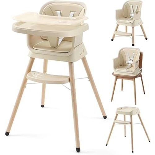3-in-1 Convertible Baby High Chair, Booster Seat for Dining Table, Wooden High Chair for Babies and Toddlers, Easy Clean Infant Highchair with Removable Double Tray & 5-Point Harness, Beige