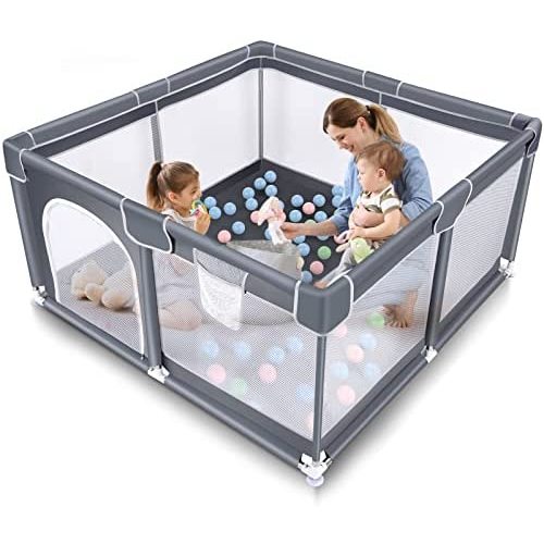 Baby Playpen, Playpen for Babies and Toddlers, Indoor & Outdoor Playard Kids Activity Center with Anti-Slip Base, Sturdy Safety Play Yard with Soft Breathable Mesh (Gray, 50"×50")