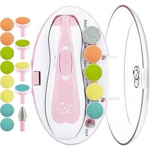 Royal Angels Upgraded 21 in 1 Baby Nail Trimmer with Labeled Case, 13 Extra Replacement Pads, Safe Electric Baby Nail File Kit for Newborns & Toddlers, Whisper Quiet Nail Clipper with LED Light (Pink)