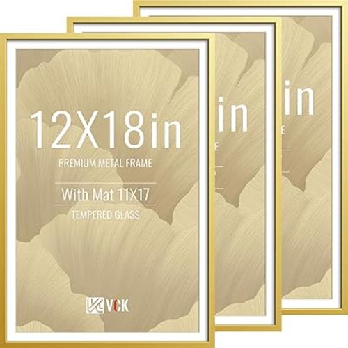 VCK 12x18 Picture Frame Gold 3 Pack, High-End Aluminum Metal Poster Frame with Tempered Glass, Display Photo 11x17 with Mat or 12 x 18 Without, for Home, Office, Studio and Gallery, Wall Hanging