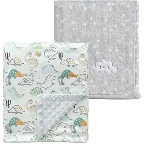 CREVENT 2Pcs 30''X40'' Cute Cozy Fluffy Warm Baby Blankets for Infants Toddlers' Bedding Crib Cot Stroller - Grey Cloud + Minky Dinosaur