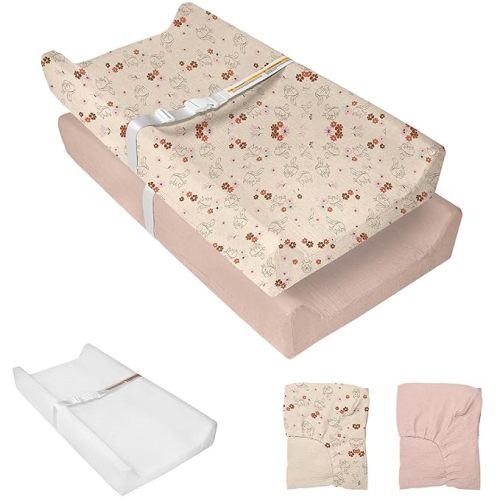 JVEOO Muslin Baby Changing Pad, 2 Pack Muslin Soft Cotton Covers & Waterproof Lining Foam Diaper Changing Table Pad 32" x 16.6" Mat for Dressers