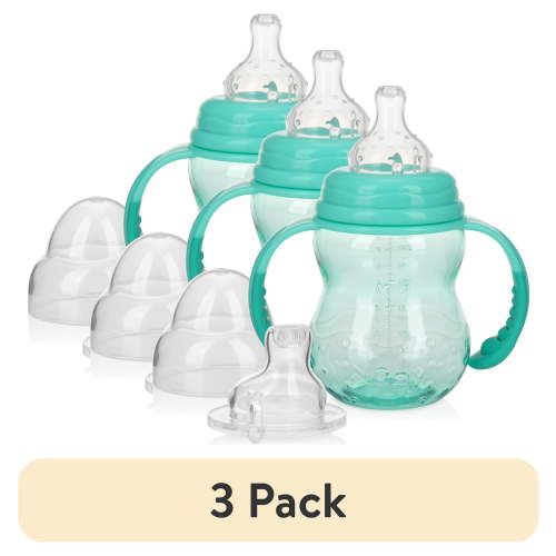 (3 pack) Nuby Bottle-to-Cup Non-Drip Wide Neck Baby Bottle with Removable Handles, 8 fl oz, Blue
