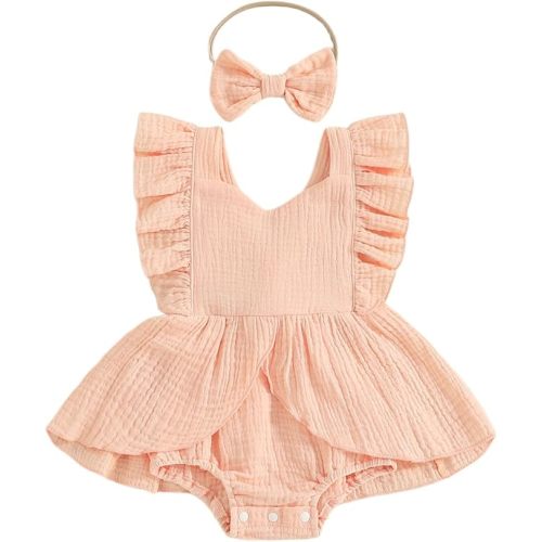 Douhoow Infant Baby Girl Romper Baby Ruffle Bodysuit Jumpsuit One-Piece Cotton Linen Clothes