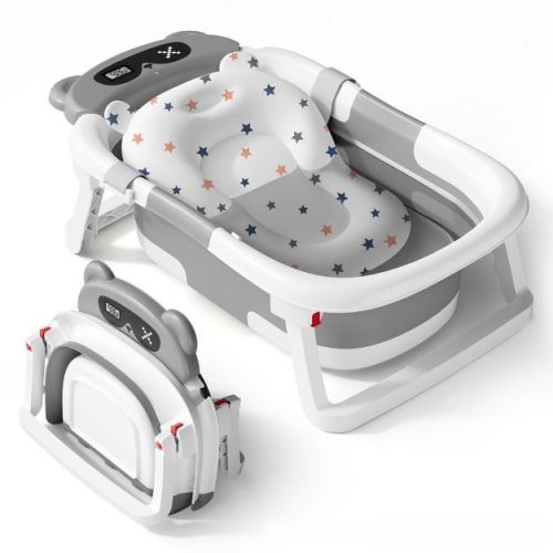 BabyBond Collapsible Baby Bathtub for Infants and Toddlers with Thermometer& 1 Soft Floating Cushion Portable Travel Baby Tub,Gray