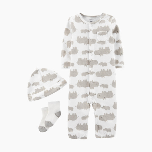 Carter's 3-Piece Convertible Gown Set - Oatmeal Hippos, 0-3 Months