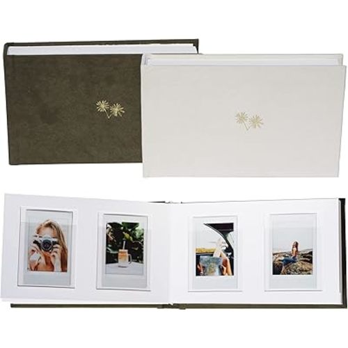 3 Inch Vegan Leather Hardcover Mini Photo Album with Writing Space 52 Pockets Compatible with Fujifilm Instax Mini 11 9 8 7s 90 70, Wedding Mini Photo Album (Olive)
