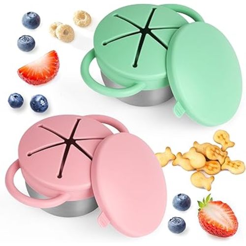 2 Pack Snack Cups for Toddlers Spill Proof - Detachable Stainless Steel Toddler Snack Cups with Silicone Lids & Handles - Dishwasher Safe Baby Snack Containers for Mess-Free Snacking (Green and Pink)