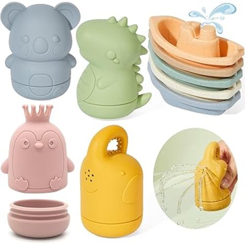 Bath Toys Floating Boats with Silicone Bath Toys, 9 PCS Mold Free Baby Bath Toys for Infants 6-12-18 Months Bathtub Water Table Toys for Toddlers 1-3, Water Pool Toys for 1 2 3 4 Boys Girls Kids