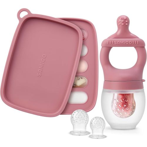 SAMiGO Baby Food Fruit Feeder and Breastmilk Popsicle Mold Set, Silicone Fruit Teether, Food Feeder Pacifier for Teething Relief, Freezer Tray, Baby Feeding Essentials, 4 Months+