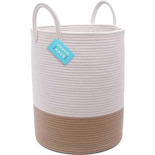 OrganiHaus Boho Laundry Basket 15x18, Baby Hamper for Nursery, Boy Basket for Toys, Basket for Blankets fror Living Room, Large Woven Basket for Storage, Towel Basket & Blanket Basket, Honey