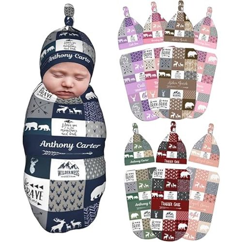 Personalized Baby Blankets for Girl and Boy with Name, Newborn Infant Swaddle Blanket, Gifts - Woodland.