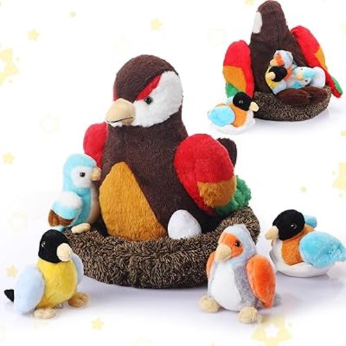 7 Pcs Birds Stuffed Animals with Babies Egg and Nest 9.8 Inch Mommy Bird Forest Plush Toys Set Gifts for Kids Girls Boys Woodland Baby Shower Party Favors Birthday Classroom Prizes