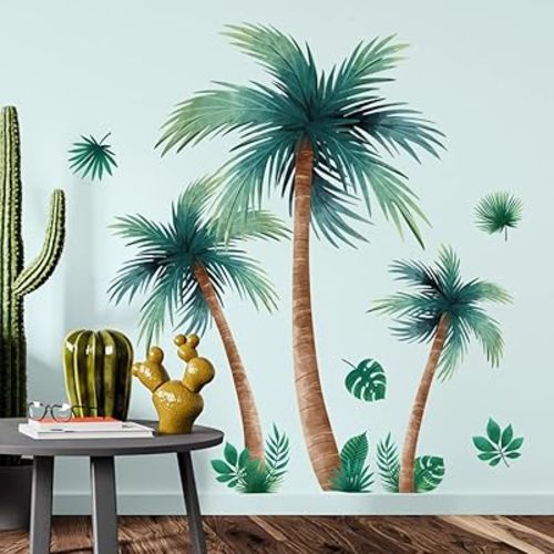 3D Removable Tropical Rainforest Wall Sticker Brown Tree Green Leaves Wall Decal DIY Peel and Stick Coconut Tree Wall Decor for Kids Girls Boys Bedroom Living Room Nursery Classroom Playroom
