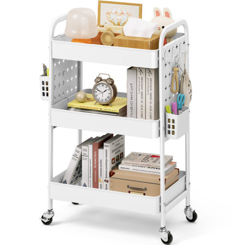 KINGRACK 3 Tier Rolling Cart with DIY Hanging Board, Metal Rolling Utility Cart with Wheels Handles Baskets Hooks, Rolling Storage Cart | Wayfair