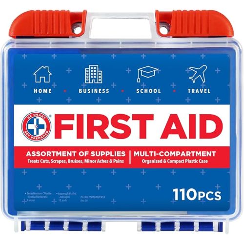 Be Smart Get Prepared 110 pc First Aid Kit: Clean, Treat, Protect Minor Cuts, Home, Office, Car, School, Business, Travel, Emergency, Outdoor, Camping & Sports, FSA/HSA (Packaging may vary)