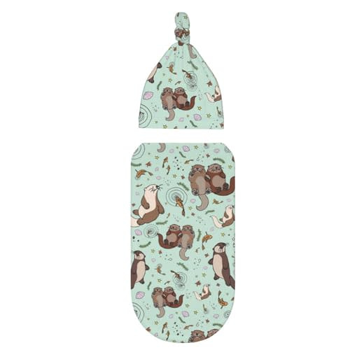 Cute Sea Otters Newborn Swaddle Blankets Beanie Hat Sets, Soft Otter Baby Stuff Blanket Swaddle Sack for Baby Shower Infant Boy and Girl Gift