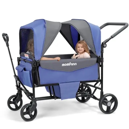 Stroller Wagon for 2 Kids with Canopy, Foldable All-Terrain Wagon Stroller with Adjustable Push/Pull Handle, Parent Organizer, 5-Point Harness, Ideal for Travel & Outdoor Adventures, Lavender Blue