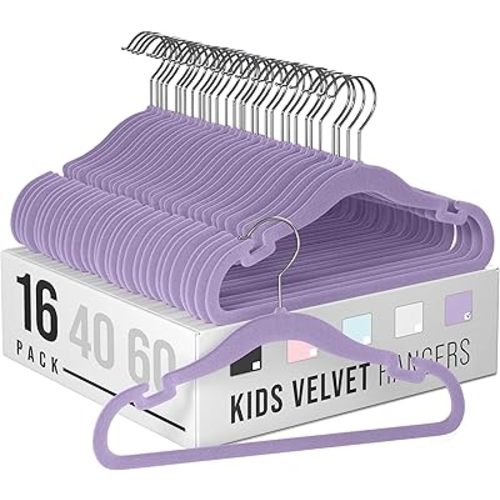 Velvet Baby Hangers for Clothes - Heavy Duty Non Slip Velvet Kids Hangers Or Toddler Hangers for Closet | Ultra Thin Design Kid Hangers for Space Saving - Ganchos De Ropa para Bebe (16 Pack Purple)
