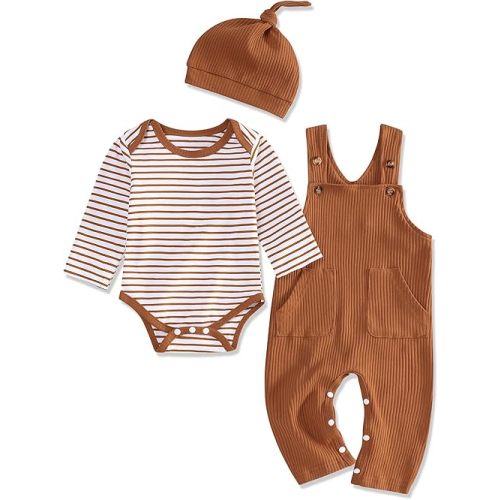 Baby Boy Clothes Stripe Pattern Print Romper Top and Baby Overalls with Hat 0-18 Months Baby Boy Outfits